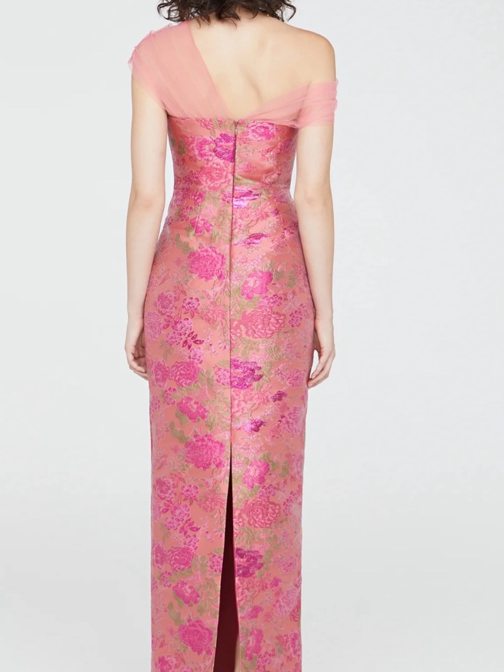 Theia Pink and Green Floral Brocade Maxi Gown with Sheer Capelet - Picture 8 of 8